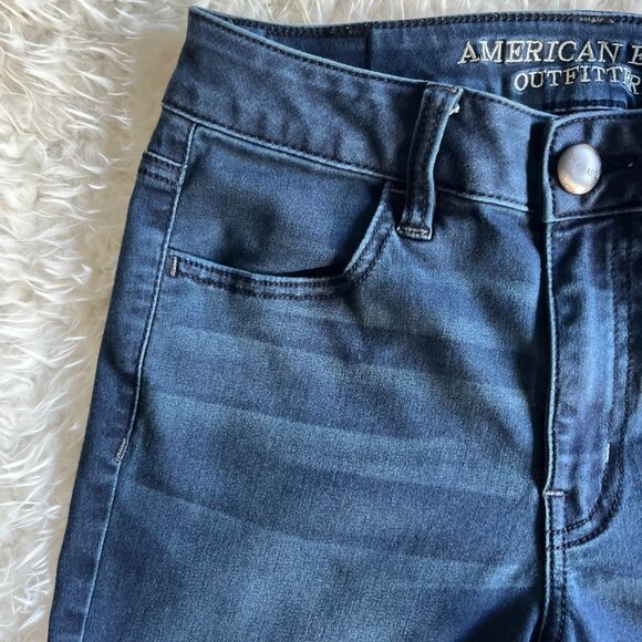 American Eagle Outfitters Super Stretch Hi-Rise Jegging Blue Dark Wash  Whiskers - Picture 2 of 5